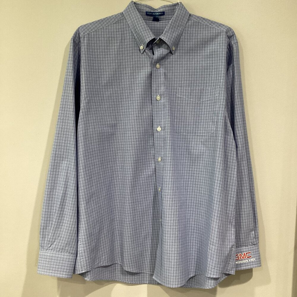 Blue Plaid Long-sleeve Button Down Dress Shirt - GMC Sierra HD Logo - Large